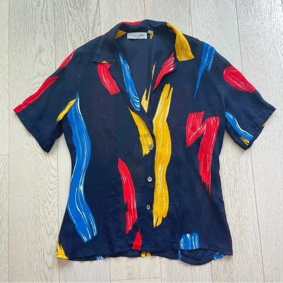 Vintage 1970s Christian Dior Paint brush strokes semi sheer button up blouse top - Picture 11 of 15